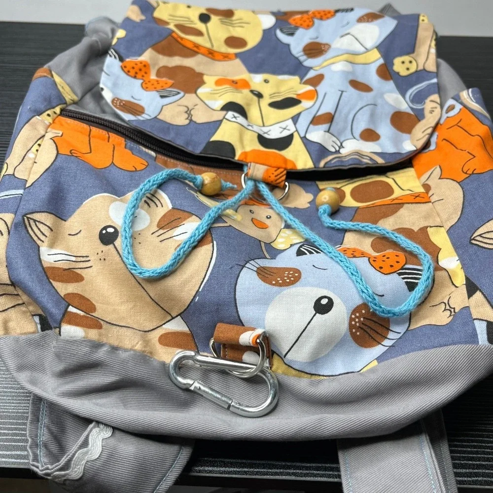 Handmade Canvas Backpack Cat Bird Print Gray Multi Color Rucksack Whimsical Bag